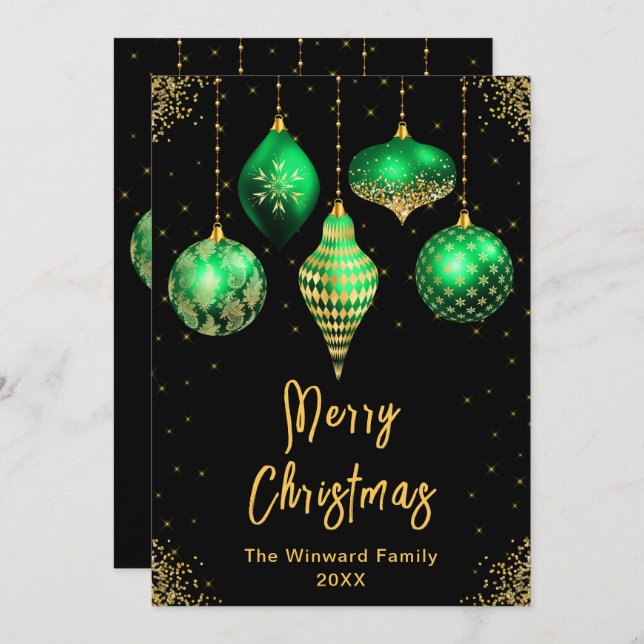 Gröna och Gyllene Prydnader God Jul Julkort (Fram/baksida)