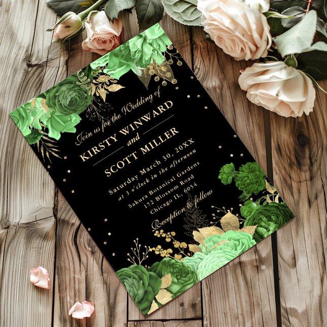 Gröna och gyllene rosor kant floral bröllop inbjudningar (Skapare uppladdad)