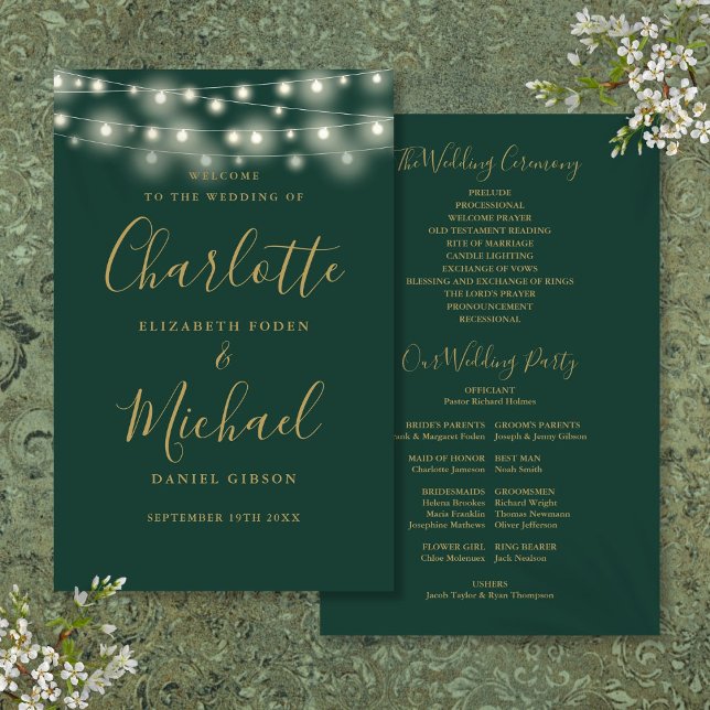 Gröna Och Gyllene Strängljus Bröllopsprogram (Green And Gold String Lights Wedding Program)