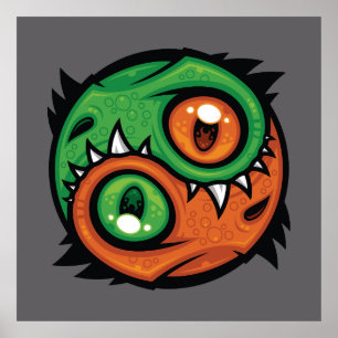 Gröna och orange Yin Yang-drakar Poster
