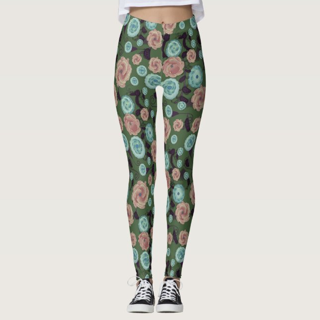 Gröna och rosa blommiga leggings (Framsida)