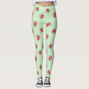 Gröna och rosa rosbuds blomster kvinnors leggings