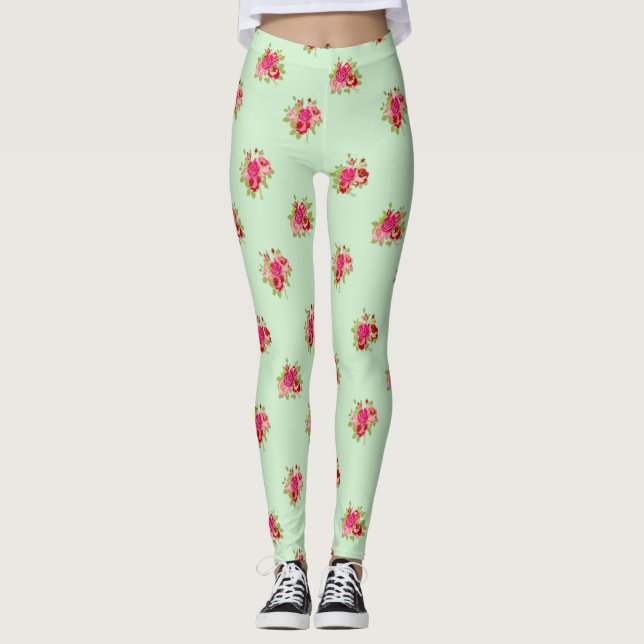 Gröna och rosa rosbuds blomster kvinnors leggings (Framsida)