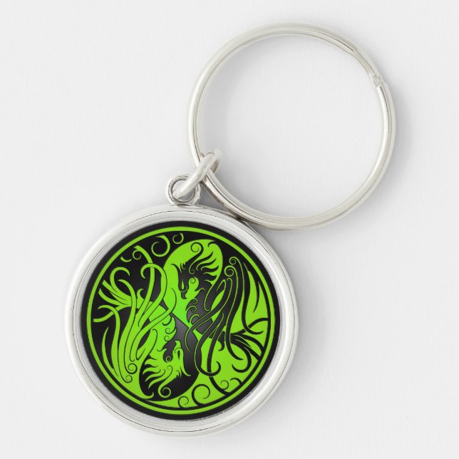 Gröna och svart Yin Yang Phoenix Rund Silverfärgad Nyckelring (Framsidan)