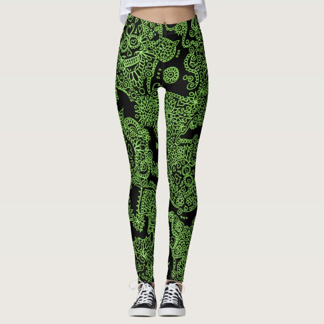 Gröna och svarta dödskalleleggings leggings (Framsida)