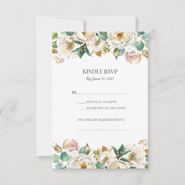 Gröna och vita blomsterbröllop RSVP-kort i guld OSA Kort (Framsida)