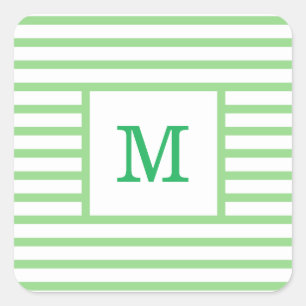 Gröna och vita ränder Anpassad monogram Fyrkantigt Klistermärke