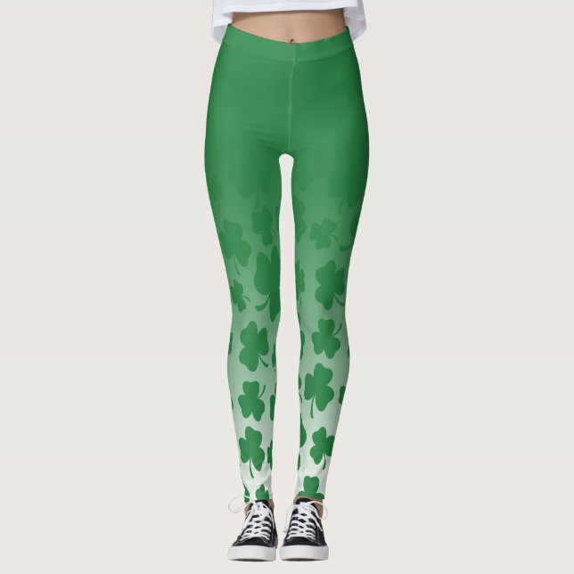 Gröna Ombre & grönt Shamrockmönster över vit, 2 Leggings (Framsida)