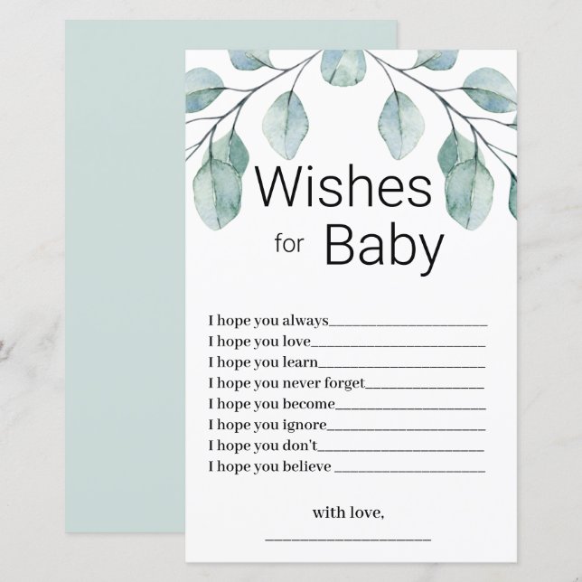 Gröna önskningar för baby shower-spel (Fram/baksida)