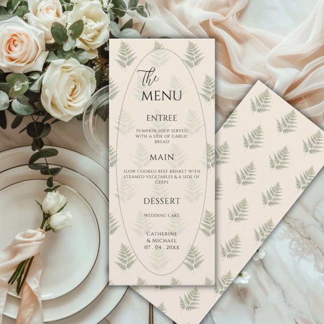 Gröna ormbunkar inramar elegant bröllop meny (Skapare uppladdad)