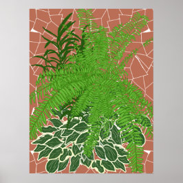 Gröna ormbunkar och hostor på terrakotta mosaik poster