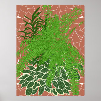 Gröna ormbunkar och hostor på terrakotta mosaik poster