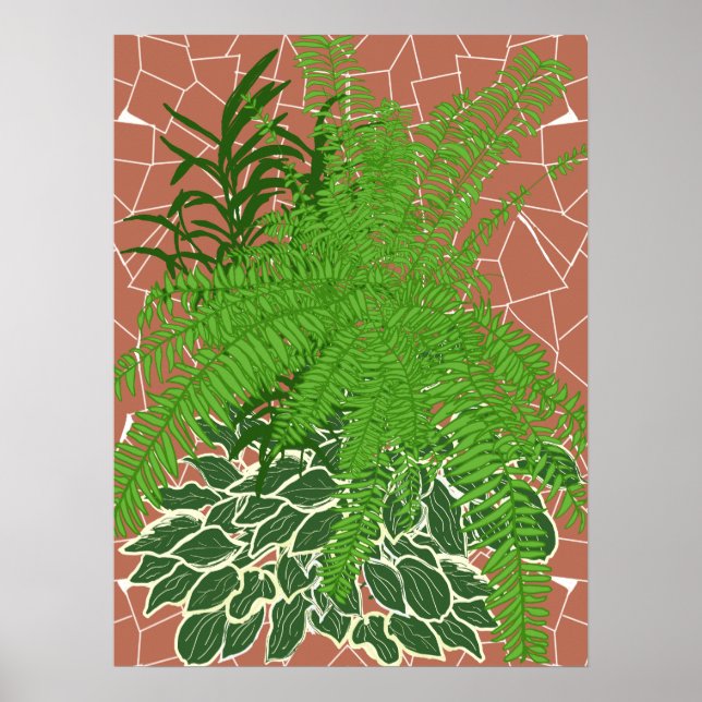 Gröna ormbunkar och hostor på terrakotta mosaik poster (Framsidan)