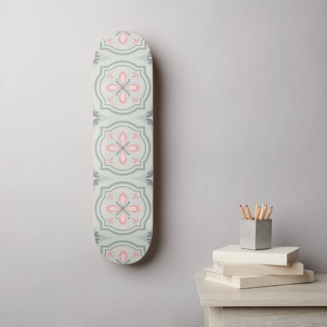 Gröna Pastell Blommiga Plattor Mini Skateboard Bräda 18,5 Cm (Väggkonst)