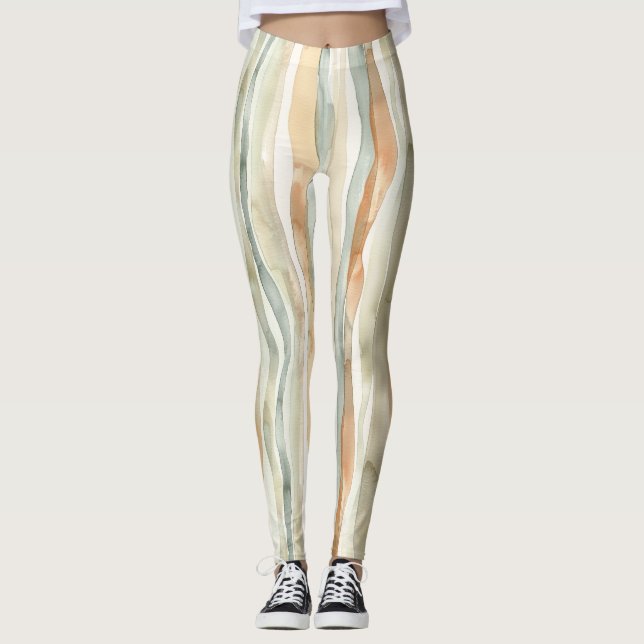 Gröna Persika Crème Ränder Leggings (Framsida)