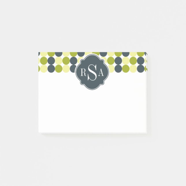 Gröna prickar och Blått monogram Post-it Block (Framsida)