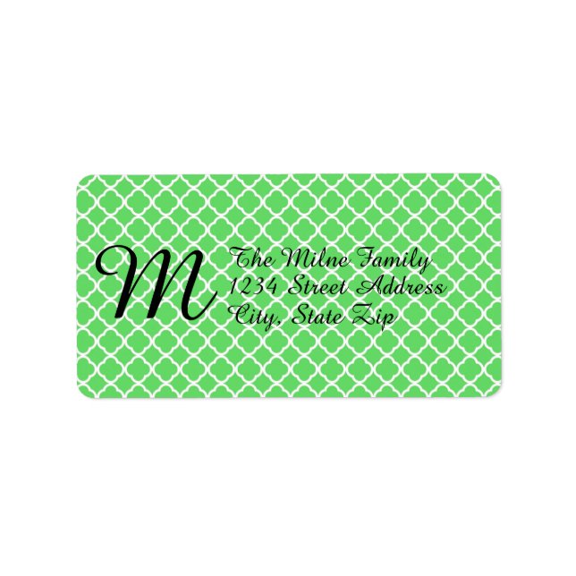 Gröna Quatrefoil-monogram- adressetiketter (Framsidan)