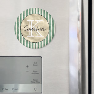 Gröna ränder Krämgul Guldmonogram Magnet