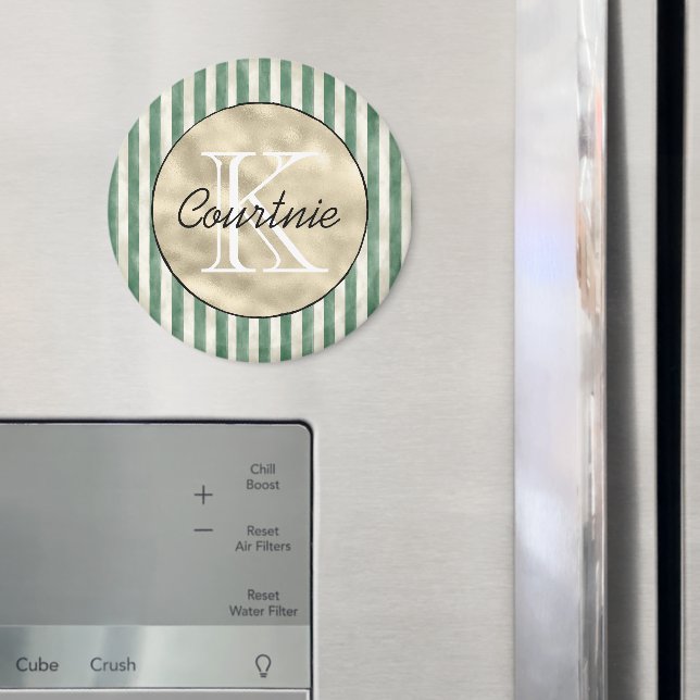 Gröna ränder Krämgul Guldmonogram      Magnet (In Situ (Fridge))
