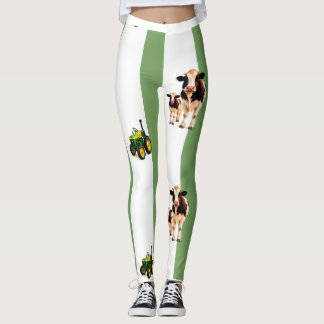 gröna ränder med kor och traktorer leggings