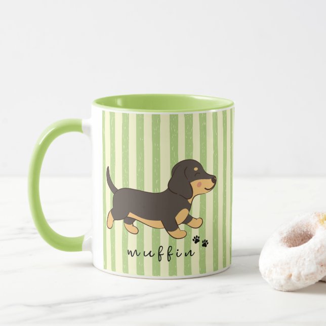 Gröna Ränder Svart Tan Dachshund Namn  Mugg (Med munk)