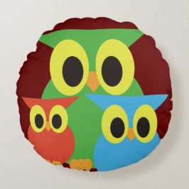 Gröna, Röda och Blå Ugglor Rund Kudde