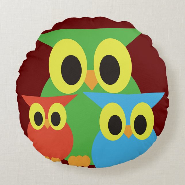 Gröna, Röda och Blå Ugglor Rund Kudde (Framsidan)