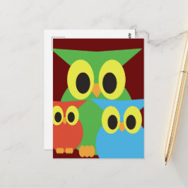Gröna, Röda och Blå Ugglor Vykort