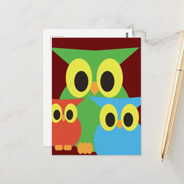 Gröna, Röda och Blå Ugglor Vykort (Fram/Back In Situ)