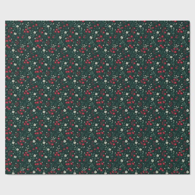 Gröna röda och vita julblommor presentpapper (Seam)