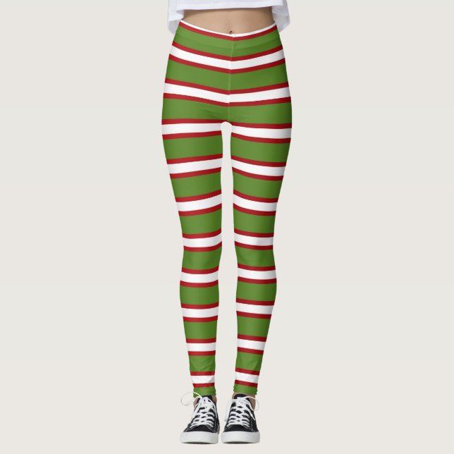 Gröna röda och vita ränder semester jul leggings (Framsida)