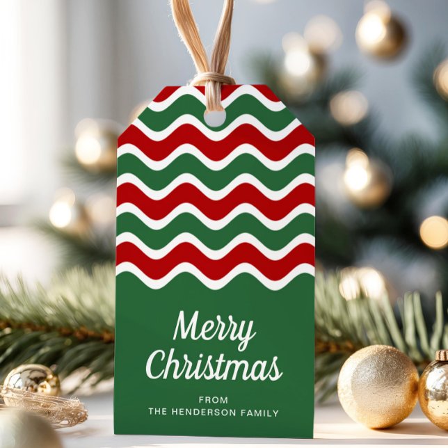 Gröna röda ränder God Jul  Presentetikett (Green Red Stripes Merry Christmas Gift Tags)