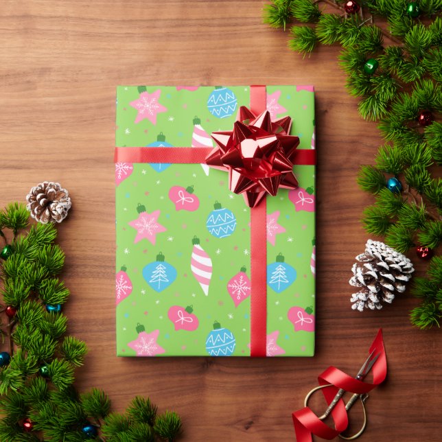 Gröna Rosa Blå Ornament Glädjerikt God Jul  Presentpapper (Julgåva)