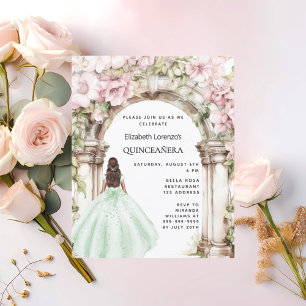 Gröna rosa blommor välver Quinceanera-inbjudan