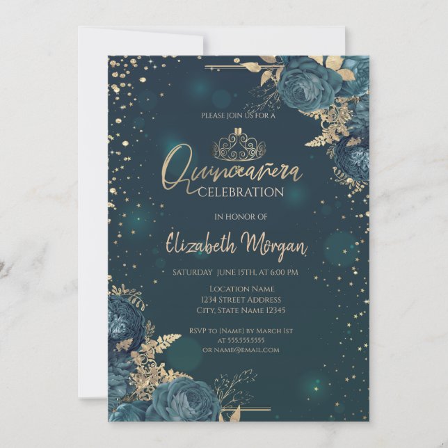 Gröna rosor,Guldtiara,Diamanter Quinceañera Inbjudningar (Framsida)