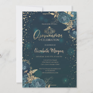 Gröna rosor,Guldtiara,Diamanter Quinceañera Inbjudningar