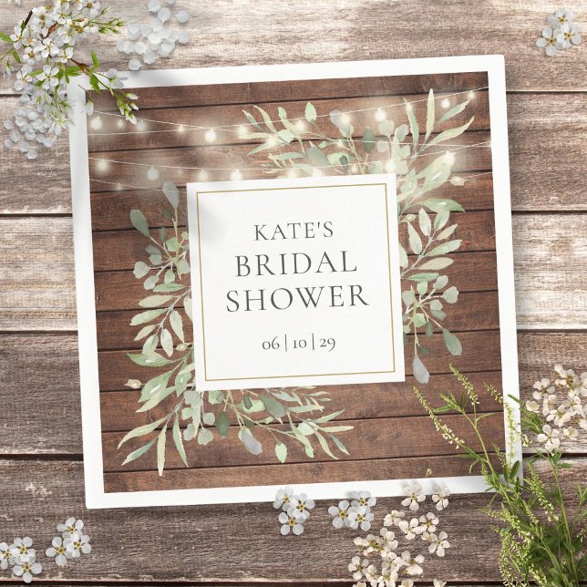 Gröna rustika trädgårdsljus Bröllopsfest Pappersservett (Greenery Rustic Wood String Lights Bridal Shower Napkins)