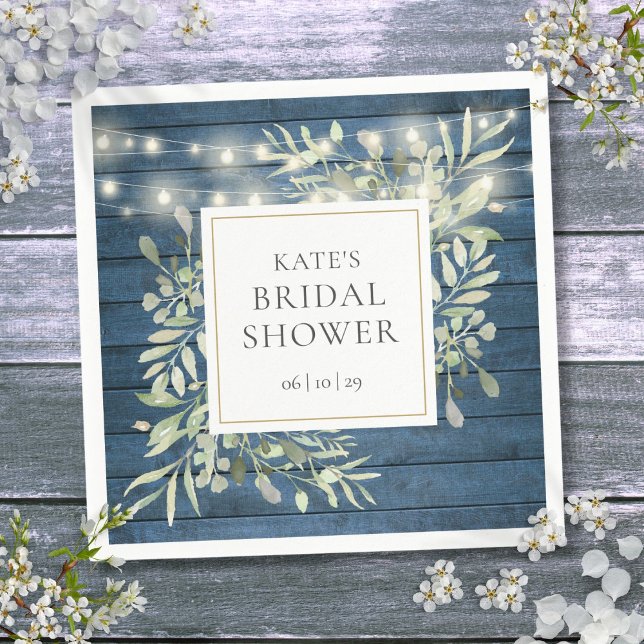 Gröna rustika trästrängljus bröllopsdusch pappersservett (Greenery Rustic Wood String Lights Bridal Shower Napkins)