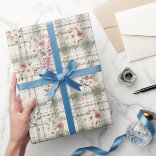 Gröna rutiga ränder vinröd krämfärgade blommor föd presentpapper