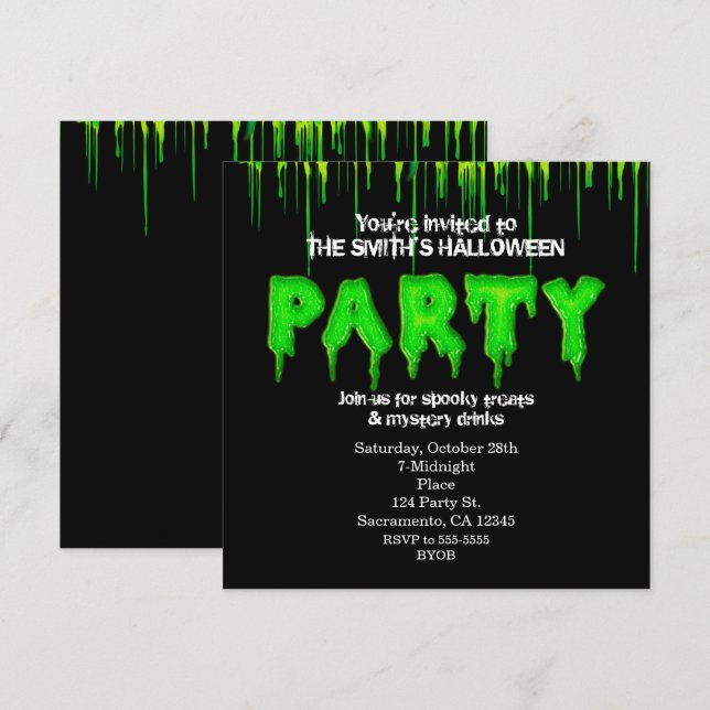 Gröna Slim Fun Halloween-fest Inbjudningar (Fram/baksida)
