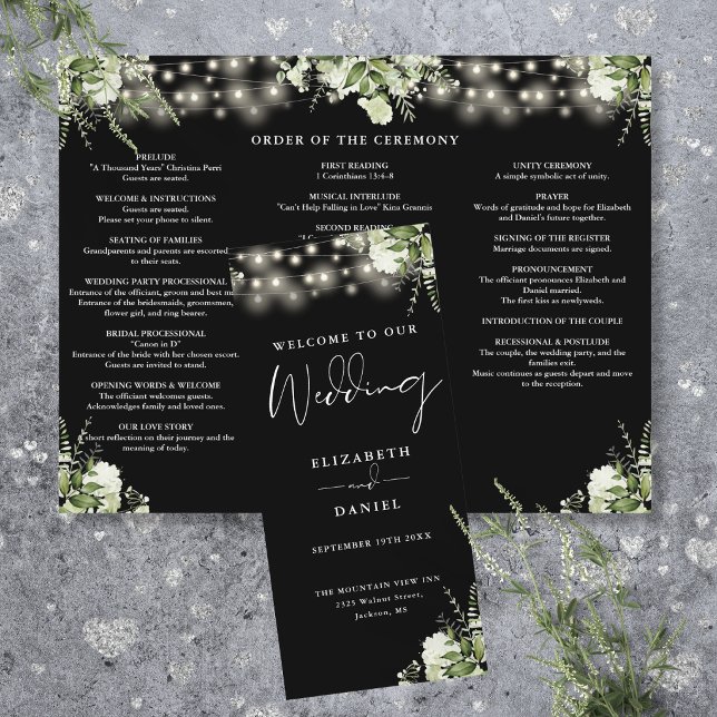 Gröna slingor med strängljus Trifoldigt bröllopspr Reklamblad (Greenery String Lights Trifold Wedding Program Flyer)