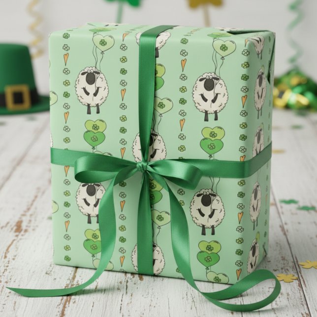 Gröna St. Patricks Day Får & Shamrock Ballonger Presentpapper (Happy Saint Patricks Day Gift Wrap. Striped Pattern of Irish Sheep & Green Shamrock Heart Balloons)