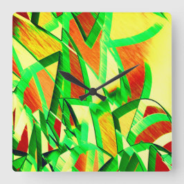 Gröna strålar över röd bild med droppe fyrkantig klocka