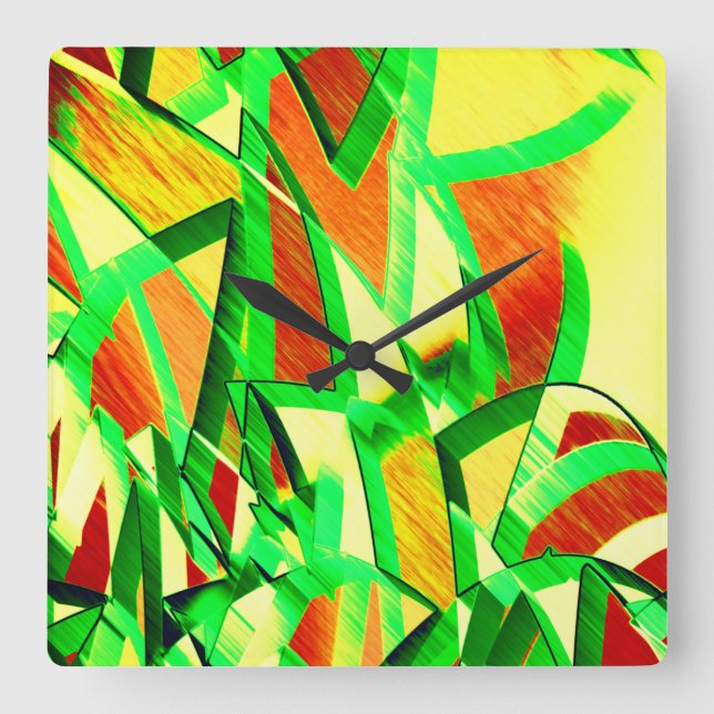 Gröna strålar över röd bild med droppe fyrkantig klocka (Framsida)