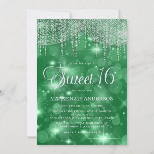 Gröna strängljus Bokeh Sweet 16 Inbjudningar