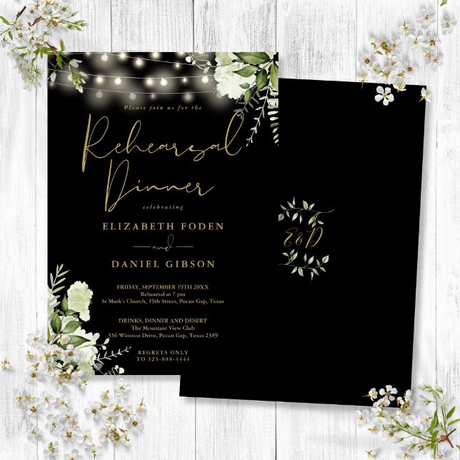 Gröna Strängljus Svart Guld Övningsmiddag Inbjudningar (Greenery String Lights Black Gold Rehearsal Dinner Invitation)