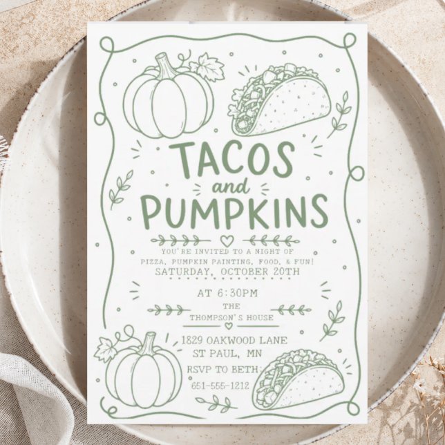 gröna Tacos Pumpa Fest Minimalist Klotter mmmmm Inbjudningar (Skapare uppladdad)