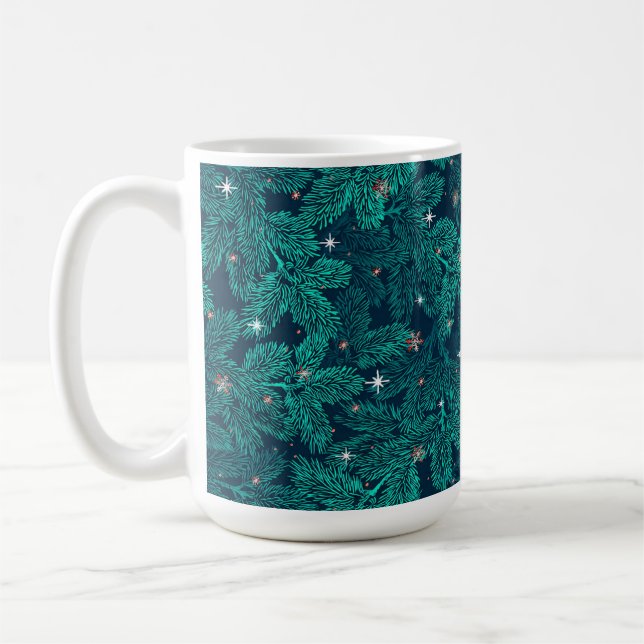 Gröna tallgrenar med vita snöflingor kaffemugg (Vänster)