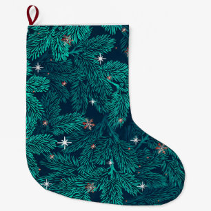 Gröna tallgrenar med vita snöflingor stor julstrumpa
