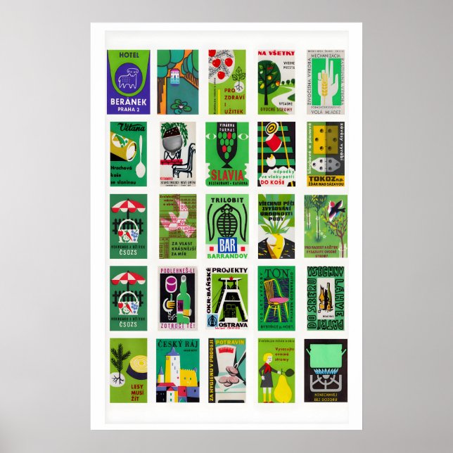 Gröna tändsticksförpackningsetiketter Collage, vin Poster (Framsidan)